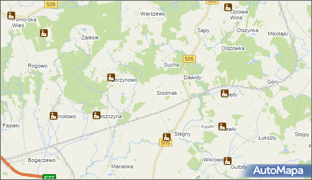 mapa Siódmak gmina Pasłęk, Siódmak gmina Pasłęk na mapie Targeo
