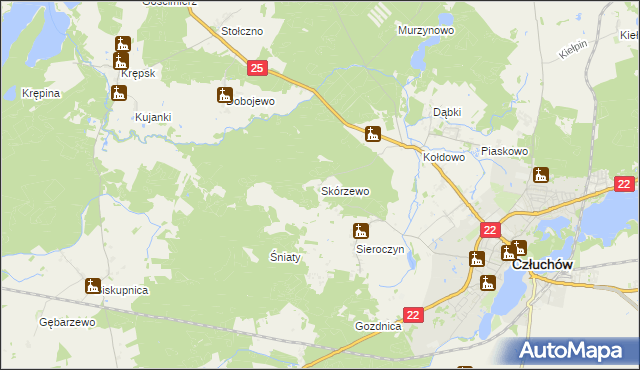 mapa Skórzewo gmina Człuchów, Skórzewo gmina Człuchów na mapie Targeo