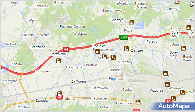 mapa Skrzyszów gmina Ostrów, Skrzyszów gmina Ostrów na mapie Targeo