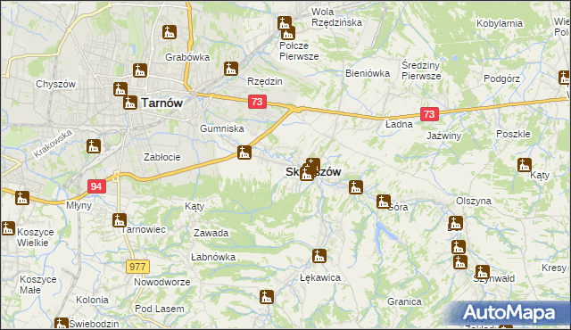 mapa Skrzyszów powiat tarnowski, Skrzyszów powiat tarnowski na mapie Targeo