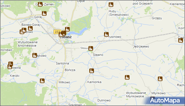 mapa Sławno gmina Lubasz, Sławno gmina Lubasz na mapie Targeo