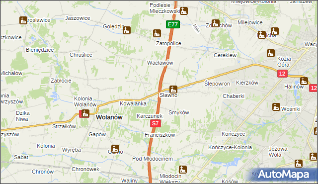 mapa Sławno gmina Wolanów, Sławno gmina Wolanów na mapie Targeo
