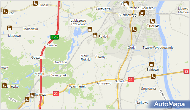mapa Śliwiny gmina Tczew, Śliwiny gmina Tczew na mapie Targeo