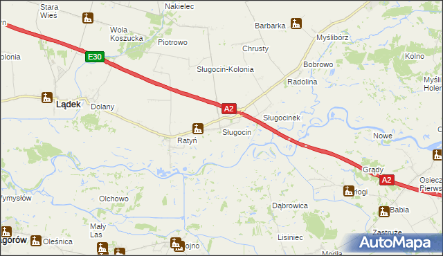 mapa Sługocin gmina Lądek, Sługocin gmina Lądek na mapie Targeo