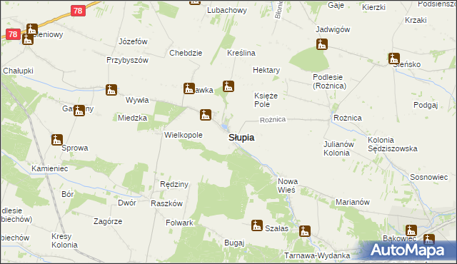 mapa Słupia powiat jędrzejowski, Słupia powiat jędrzejowski na mapie Targeo