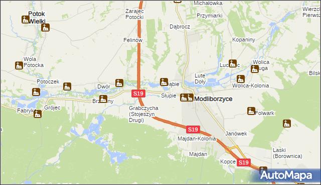 mapa Słupie gmina Modliborzyce, Słupie gmina Modliborzyce na mapie Targeo