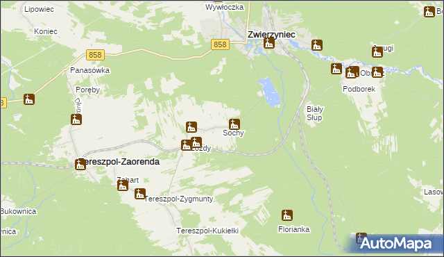 mapa Sochy gmina Zwierzyniec, Sochy gmina Zwierzyniec na mapie Targeo