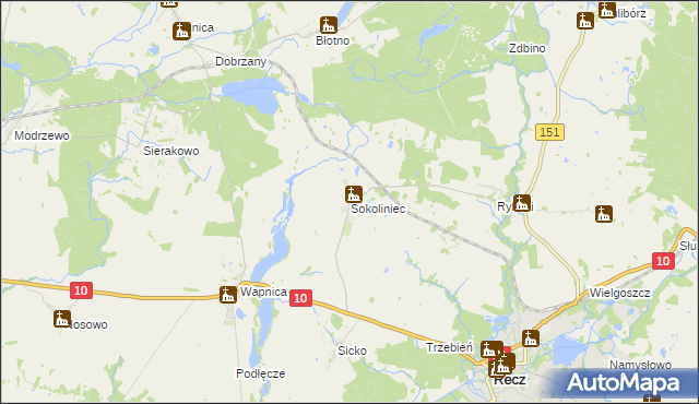 mapa Sokoliniec gmina Recz, Sokoliniec gmina Recz na mapie Targeo