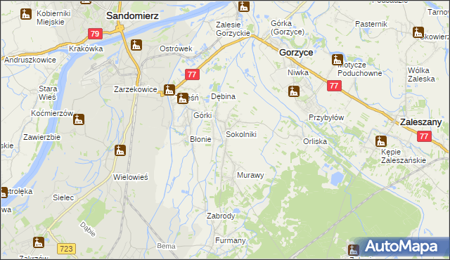 mapa Sokolniki gmina Gorzyce, Sokolniki gmina Gorzyce na mapie Targeo