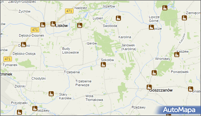 mapa Sokołów gmina Goszczanów, Sokołów gmina Goszczanów na mapie Targeo