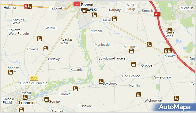 mapa Sokołowo-Parcele gmina Brześć Kujawski, Sokołowo-Parcele gmina Brześć Kujawski na mapie Targeo