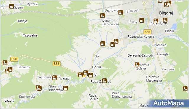mapa Sól gmina Biłgoraj, Sól gmina Biłgoraj na mapie Targeo