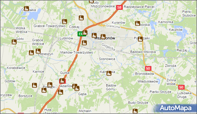 mapa Sosnowica gmina Mszczonów, Sosnowica gmina Mszczonów na mapie Targeo