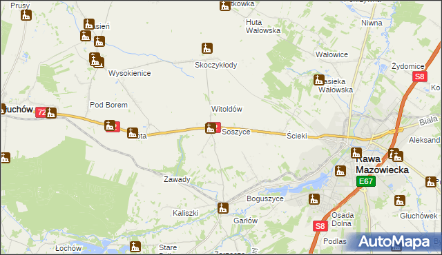 mapa Soszyce gmina Rawa Mazowiecka, Soszyce gmina Rawa Mazowiecka na mapie Targeo