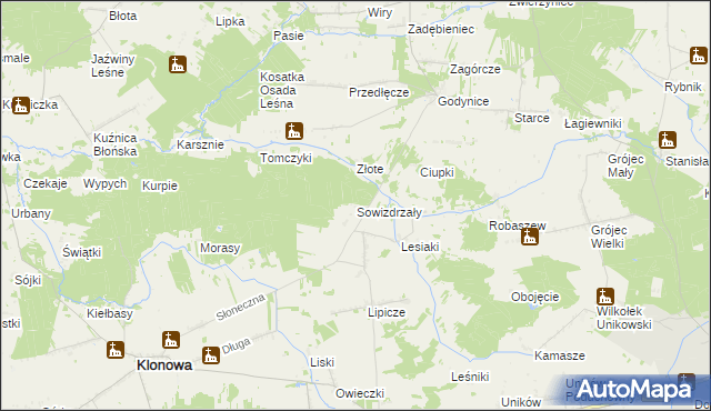 mapa Sowizdrzały gmina Klonowa, Sowizdrzały gmina Klonowa na mapie Targeo