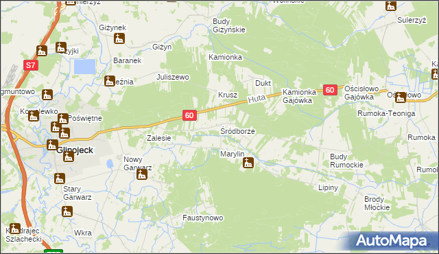 mapa Śródborze gmina Glinojeck, Śródborze gmina Glinojeck na mapie Targeo