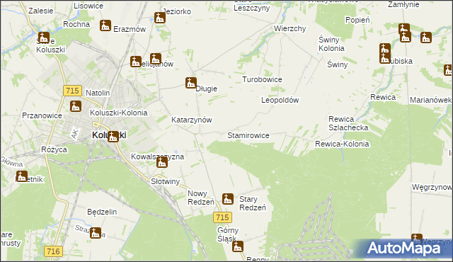 mapa Stamirowice gmina Koluszki, Stamirowice gmina Koluszki na mapie Targeo