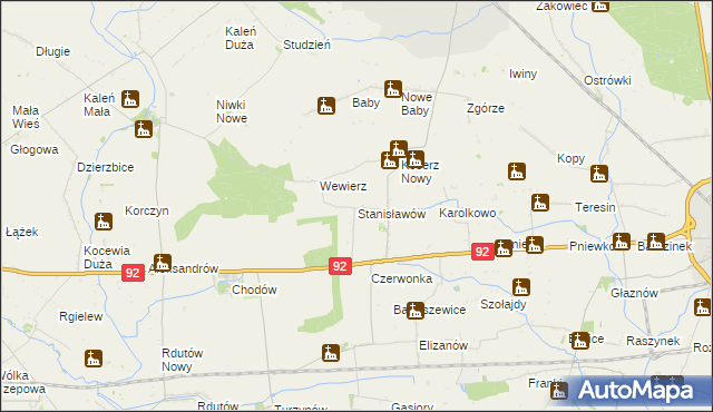 mapa Stanisławów gmina Chodów, Stanisławów gmina Chodów na mapie Targeo