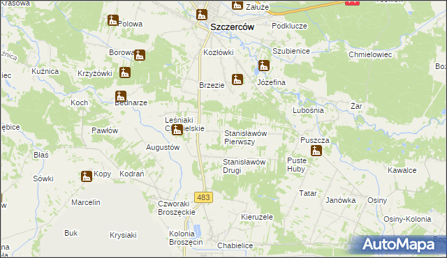 mapa Stanisławów Pierwszy gmina Szczerców, Stanisławów Pierwszy gmina Szczerców na mapie Targeo