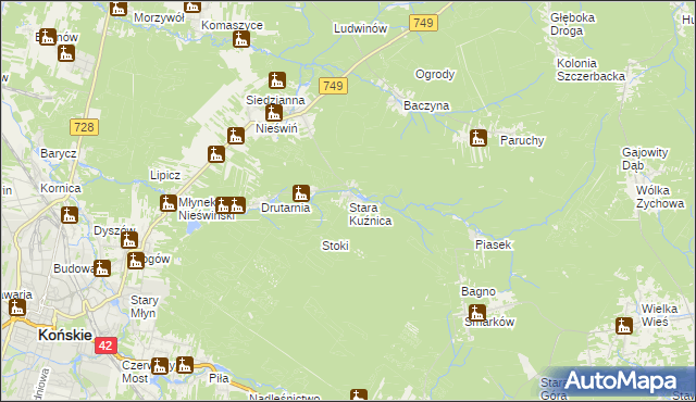 mapa Stara Kuźnica gmina Końskie, Stara Kuźnica gmina Końskie na mapie Targeo