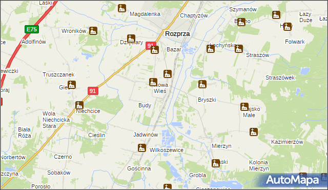 mapa Stara Wieś gmina Rozprza, Stara Wieś gmina Rozprza na mapie Targeo