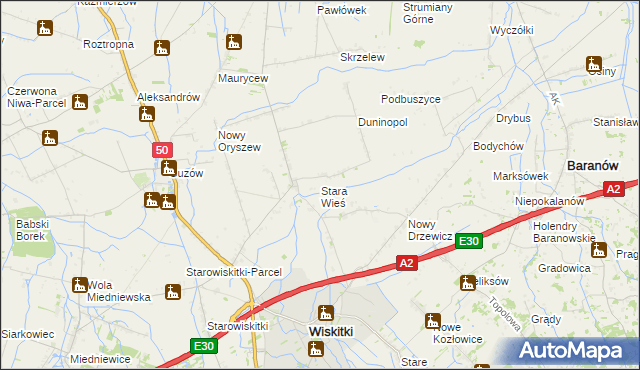 mapa Stara Wieś gmina Wiskitki, Stara Wieś gmina Wiskitki na mapie Targeo