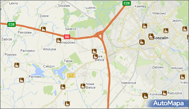 mapa Stare Bielice gmina Biesiekierz, Stare Bielice gmina Biesiekierz na mapie Targeo