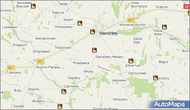 mapa Staroźreby-Hektary, Staroźreby-Hektary na mapie Targeo