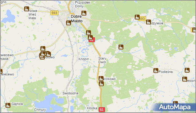 mapa Stary Dwór gmina Dobre Miasto, Stary Dwór gmina Dobre Miasto na mapie Targeo