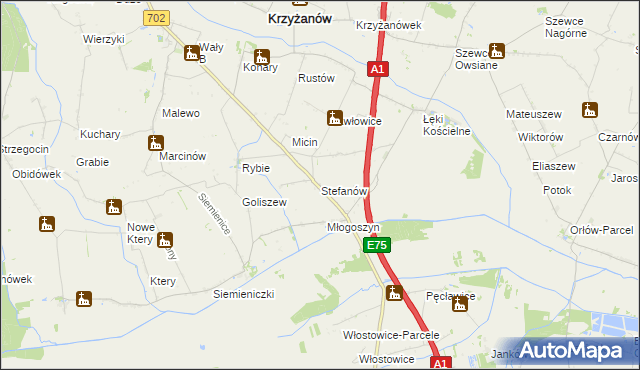 mapa Stefanów gmina Krzyżanów, Stefanów gmina Krzyżanów na mapie Targeo