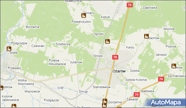 mapa Stróża gmina Ożarów, Stróża gmina Ożarów na mapie Targeo