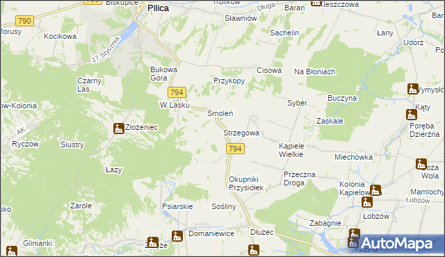 mapa Strzegowa gmina Wolbrom, Strzegowa gmina Wolbrom na mapie Targeo