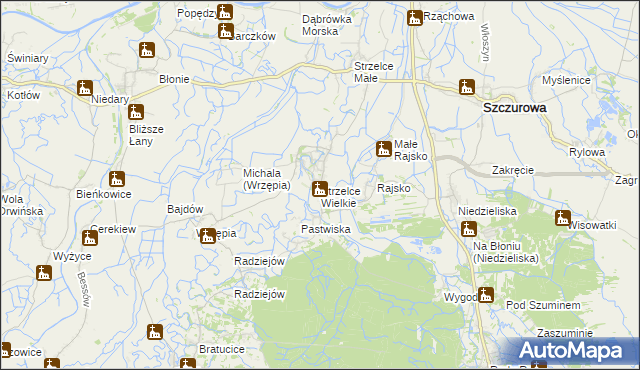 mapa Strzelce Wielkie gmina Szczurowa, Strzelce Wielkie gmina Szczurowa na mapie Targeo