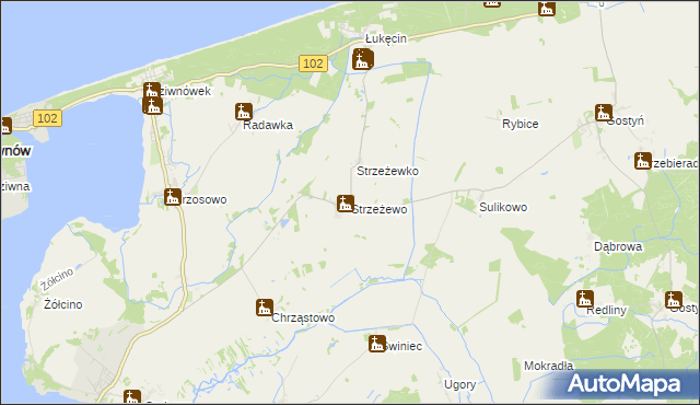 mapa Strzeżewo gmina Kamień Pomorski, Strzeżewo gmina Kamień Pomorski na mapie Targeo