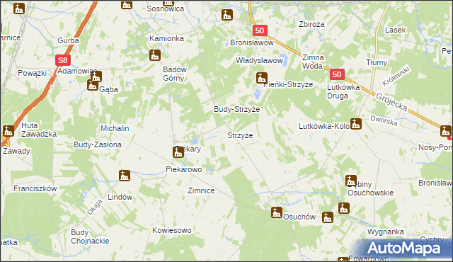 mapa Strzyże gmina Mszczonów, Strzyże gmina Mszczonów na mapie Targeo