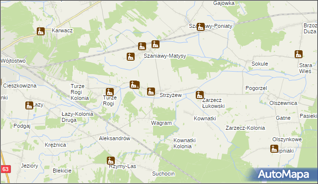 mapa Strzyżew gmina Łuków, Strzyżew gmina Łuków na mapie Targeo