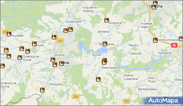 mapa Sucha gmina Leśna, Sucha gmina Leśna na mapie Targeo