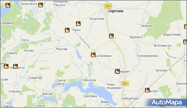 mapa Sucharzewo gmina Dąbrowa, Sucharzewo gmina Dąbrowa na mapie Targeo