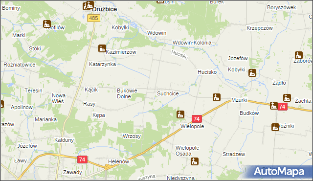 mapa Suchcice gmina Drużbice, Suchcice gmina Drużbice na mapie Targeo