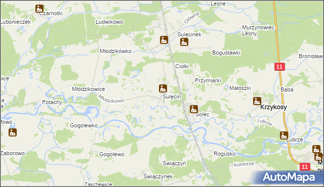 mapa Sulęcin gmina Krzykosy, Sulęcin gmina Krzykosy na mapie Targeo