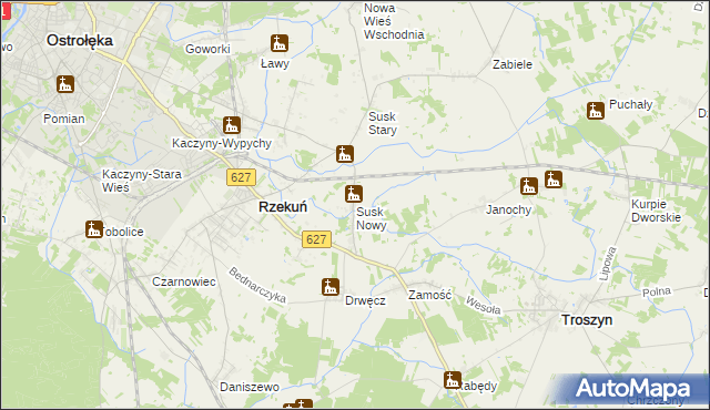 mapa Susk Nowy gmina Rzekuń, Susk Nowy gmina Rzekuń na mapie Targeo