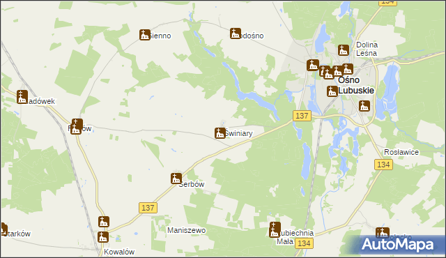 mapa Świniary gmina Ośno Lubuskie, Świniary gmina Ośno Lubuskie na mapie Targeo
