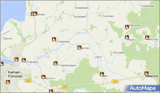 mapa Świniec gmina Kamień Pomorski, Świniec gmina Kamień Pomorski na mapie Targeo