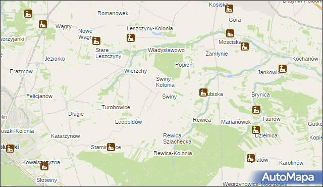 mapa Świny gmina Koluszki, Świny gmina Koluszki na mapie Targeo