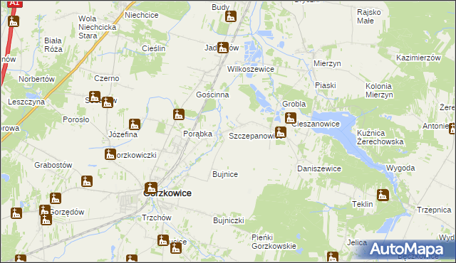 mapa Szczepanowice gmina Gorzkowice, Szczepanowice gmina Gorzkowice na mapie Targeo