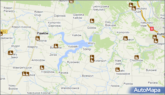 mapa Szeligi gmina Pawłów, Szeligi gmina Pawłów na mapie Targeo