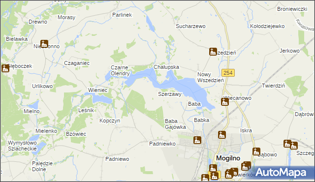 mapa Szerzawy gmina Mogilno, Szerzawy gmina Mogilno na mapie Targeo