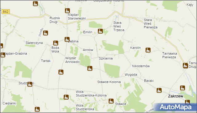 mapa Szklarnia gmina Zakrzew, Szklarnia gmina Zakrzew na mapie Targeo