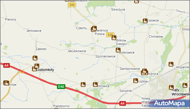 mapa Szymanowice gmina Kostomłoty, Szymanowice gmina Kostomłoty na mapie Targeo