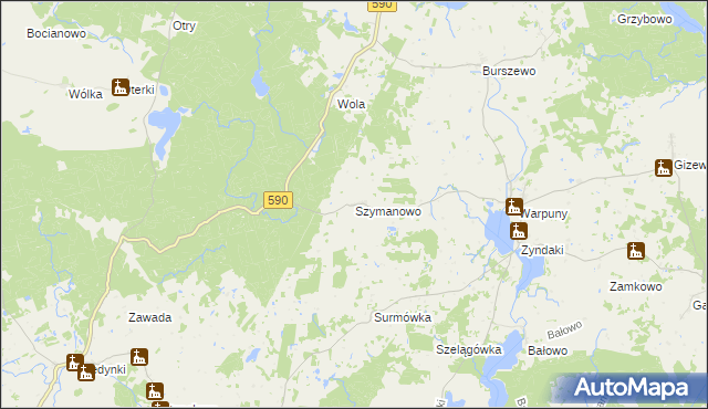 mapa Szymanowo gmina Sorkwity, Szymanowo gmina Sorkwity na mapie Targeo